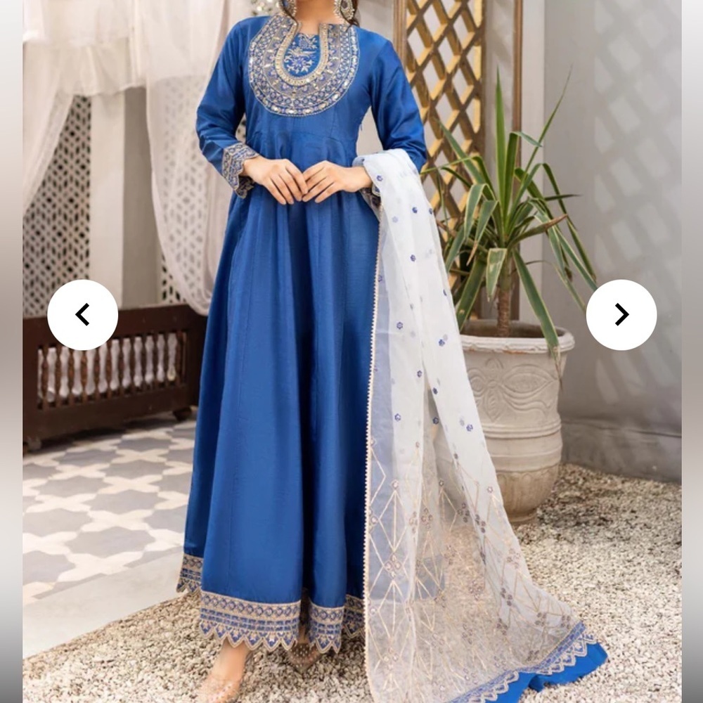 Embroidered Maxi Dress with Dupatta Royal Blue Full sleeves